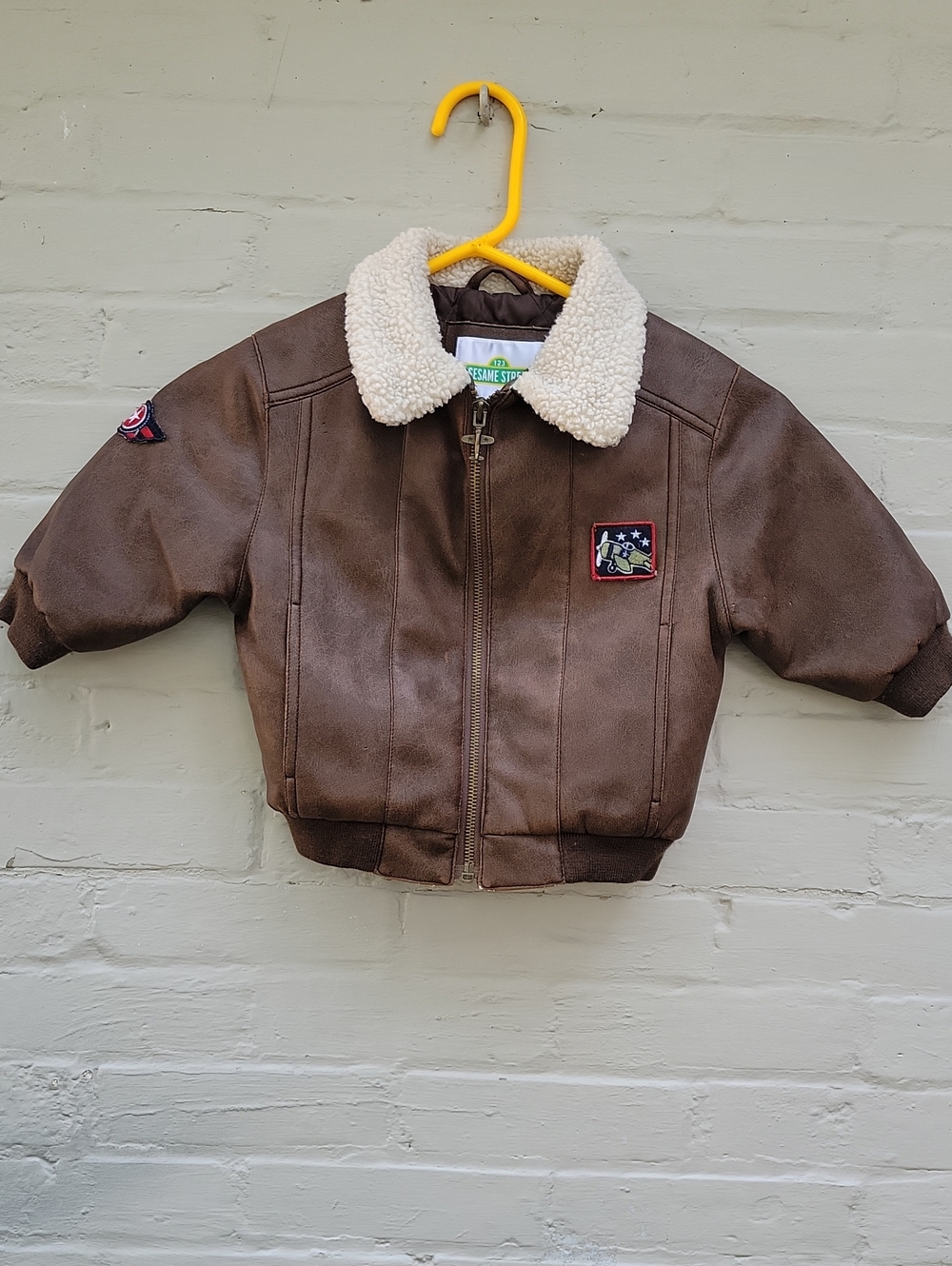 Sesame Street Kids Brown Aviator Jacket with Cream Sherpa Collar Zip Front Sz 2T